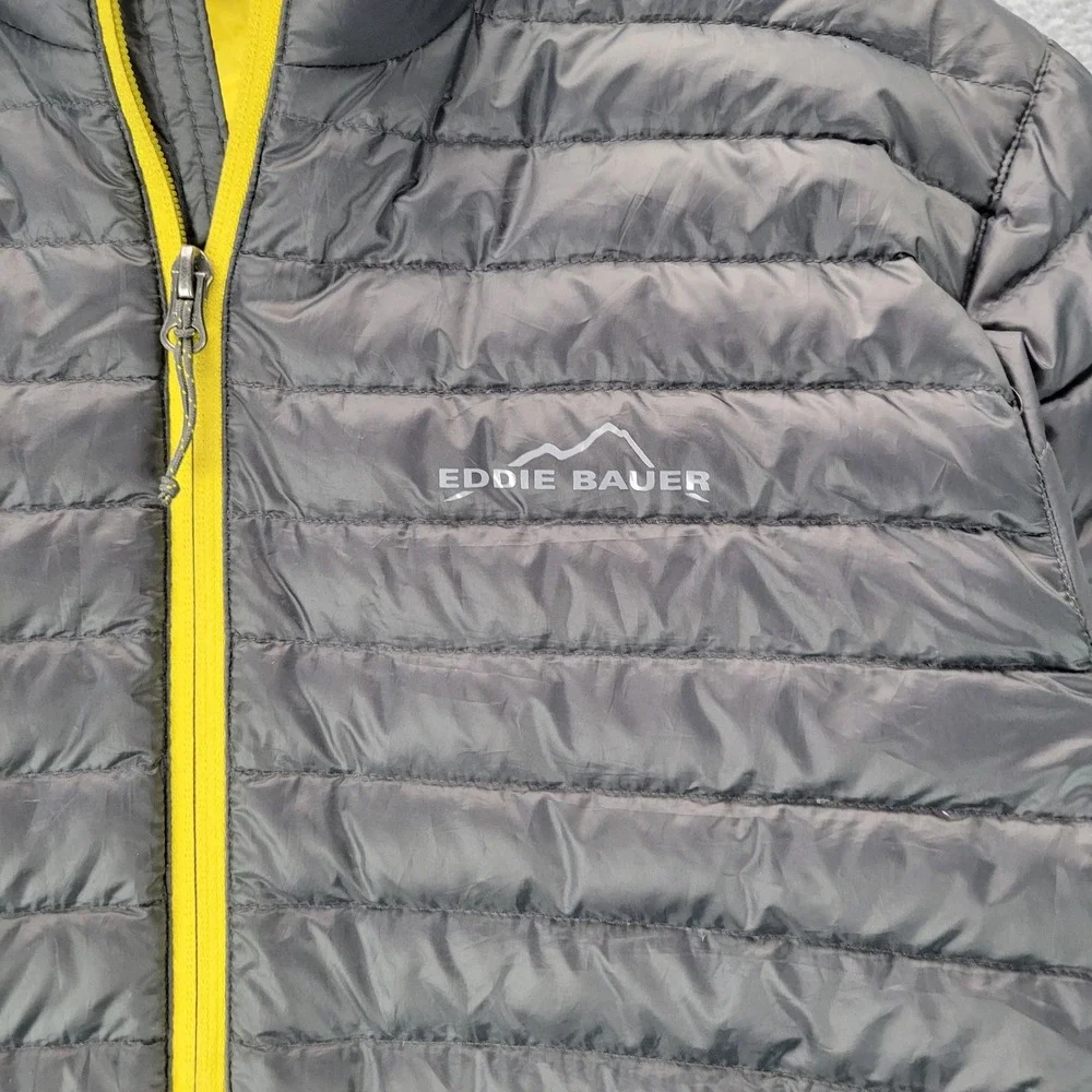 Eddie Bauer EB650 Down Puffer‎ Jacket Mens Medium Gray Yellow Full Zip Quilted